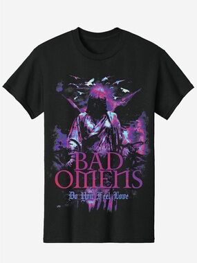 United Bad Omens Angel Statue Graphic Tee in Black with Purple/Pink Print Size M